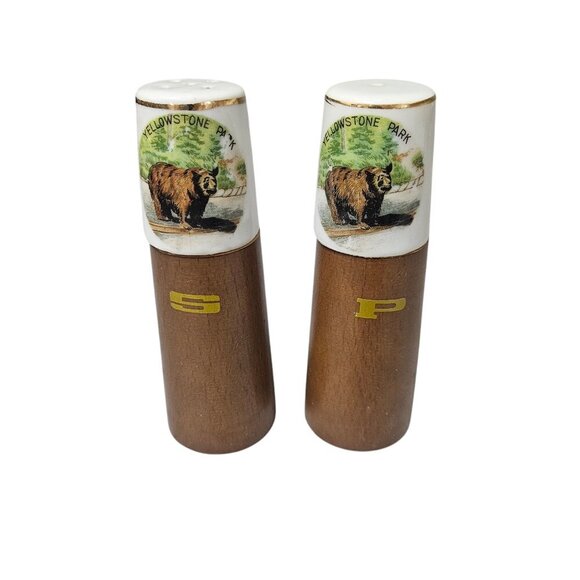 Vintage Yellowstone Park Wood and Ceramic Salt and Pepper Shakers - EUC - 4.5 IN - Picture 1 of 4